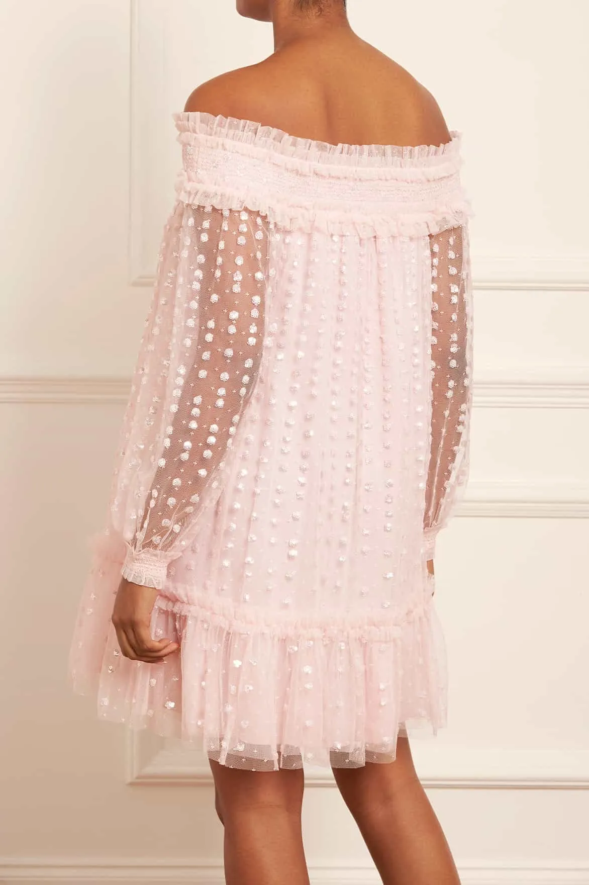 Raindrop Smocked Gloss Off-Shoulder Micro Mini Dress