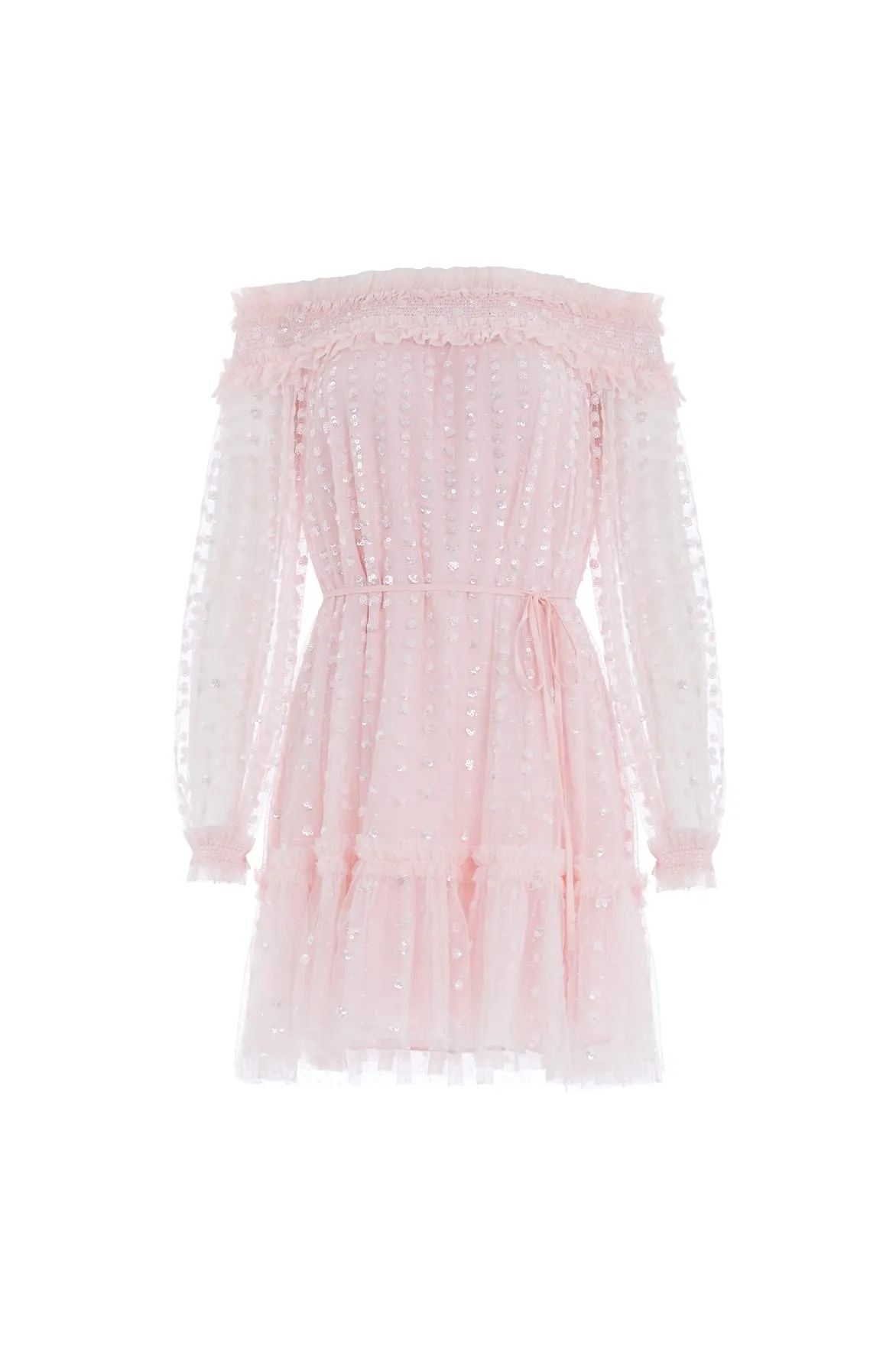 Raindrop Smocked Gloss Off-Shoulder Micro Mini Dress