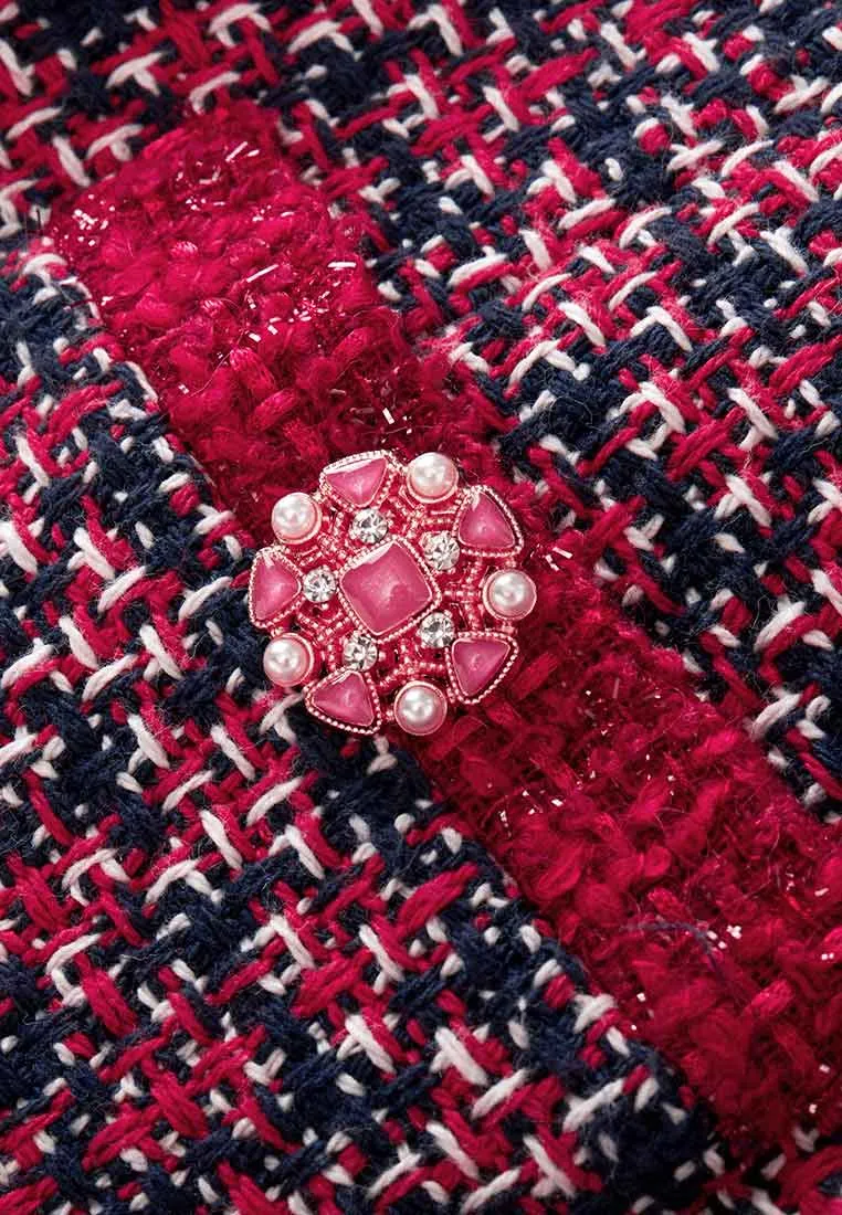 Red Tweed Embellished Button Dress