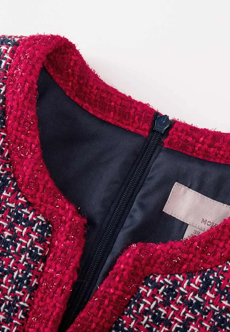 Red Tweed Embellished Button Dress