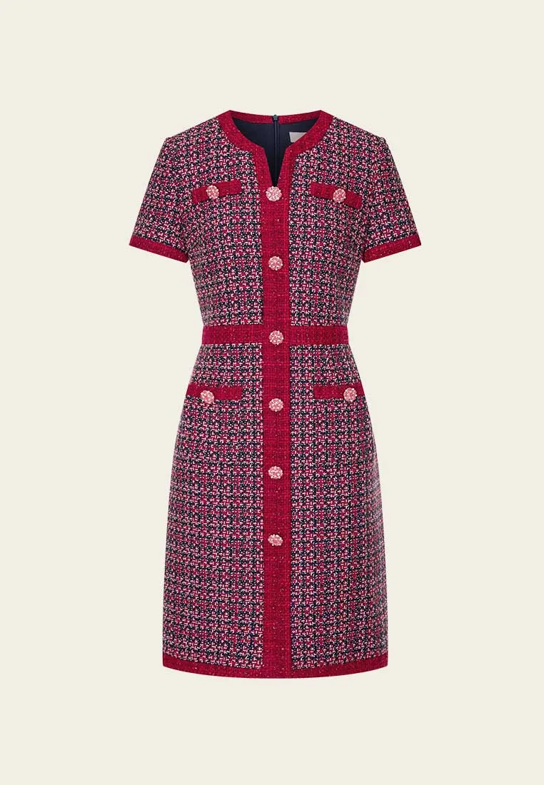 Red Tweed Embellished Button Dress