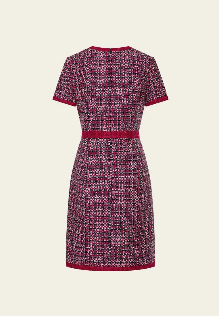 Red Tweed Embellished Button Dress