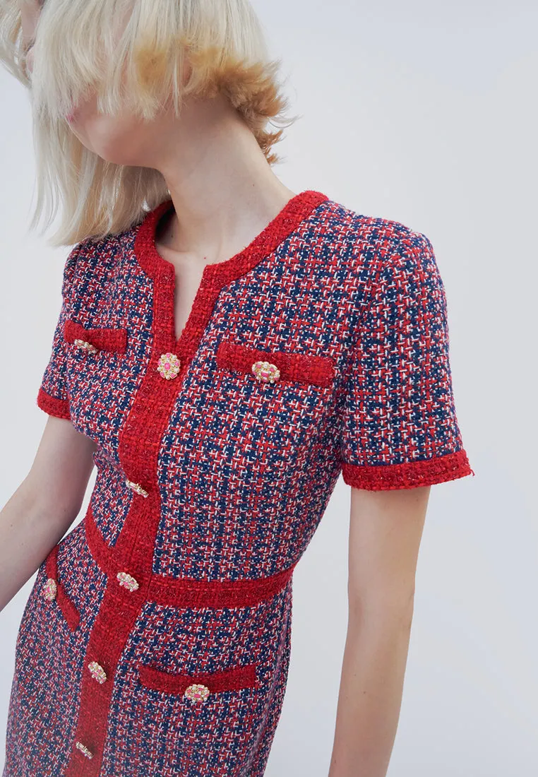 Red Tweed Embellished Button Dress