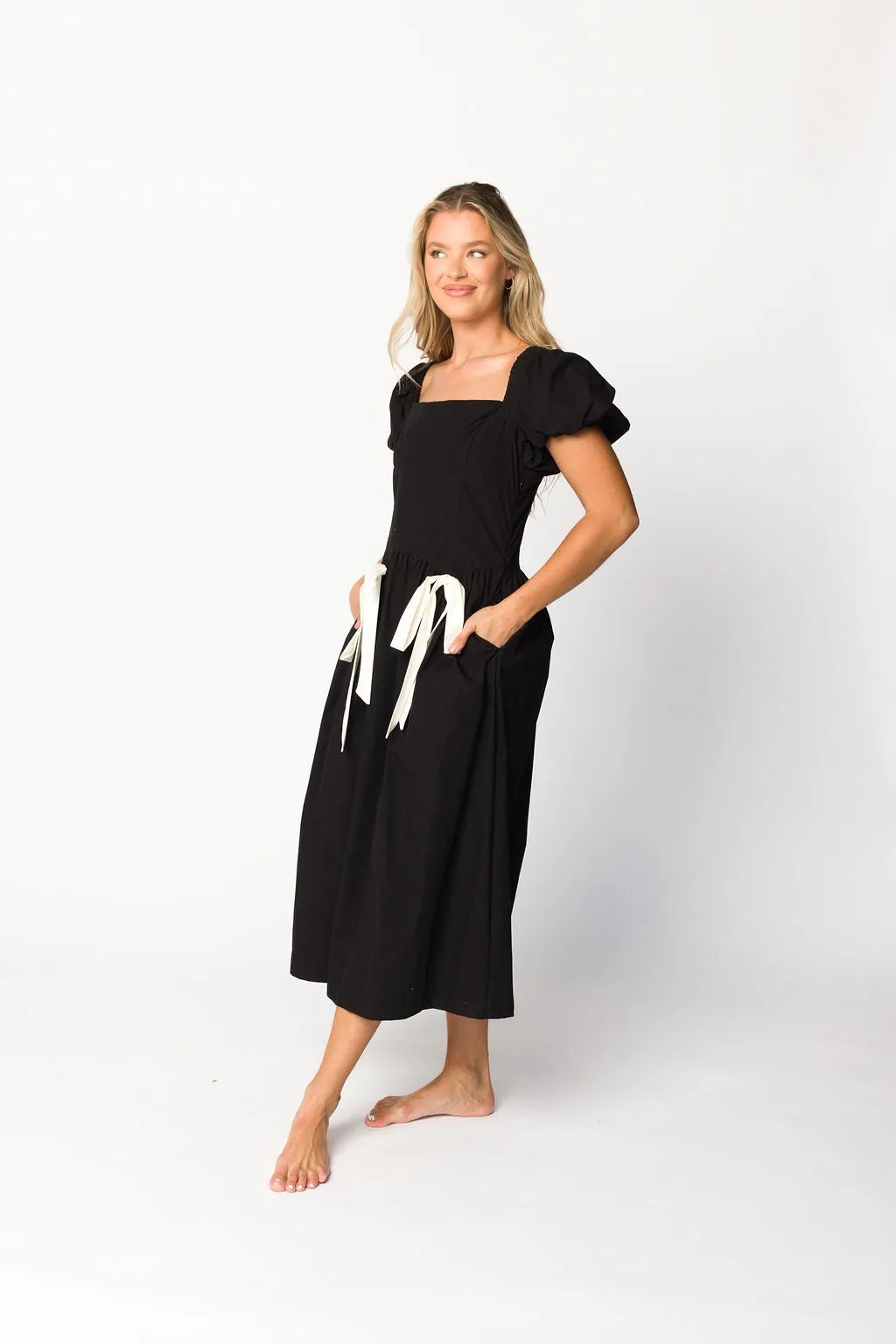 Ruby Midi Dress with Bow Detail in Black