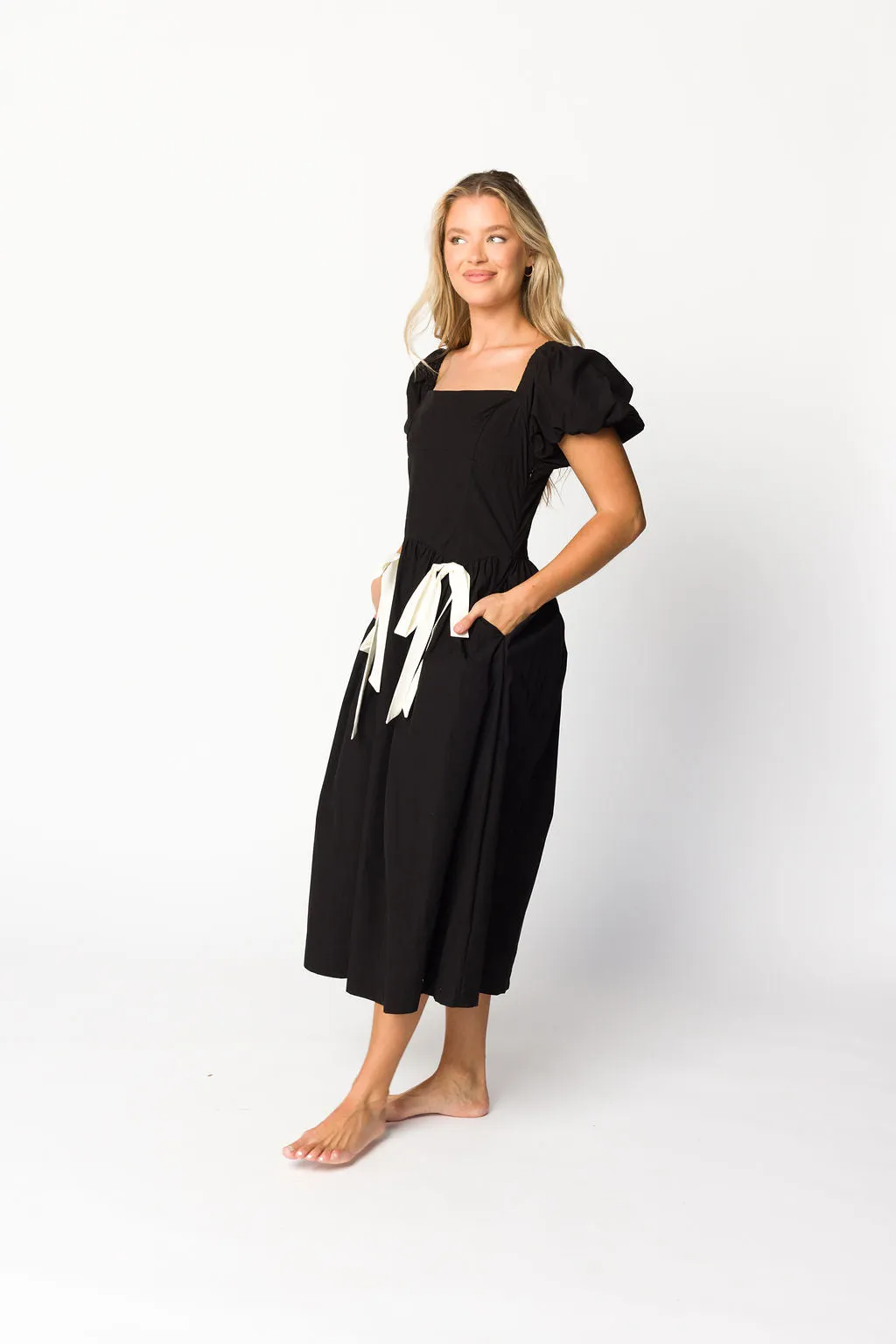 Ruby Midi Dress with Bow Detail in Black