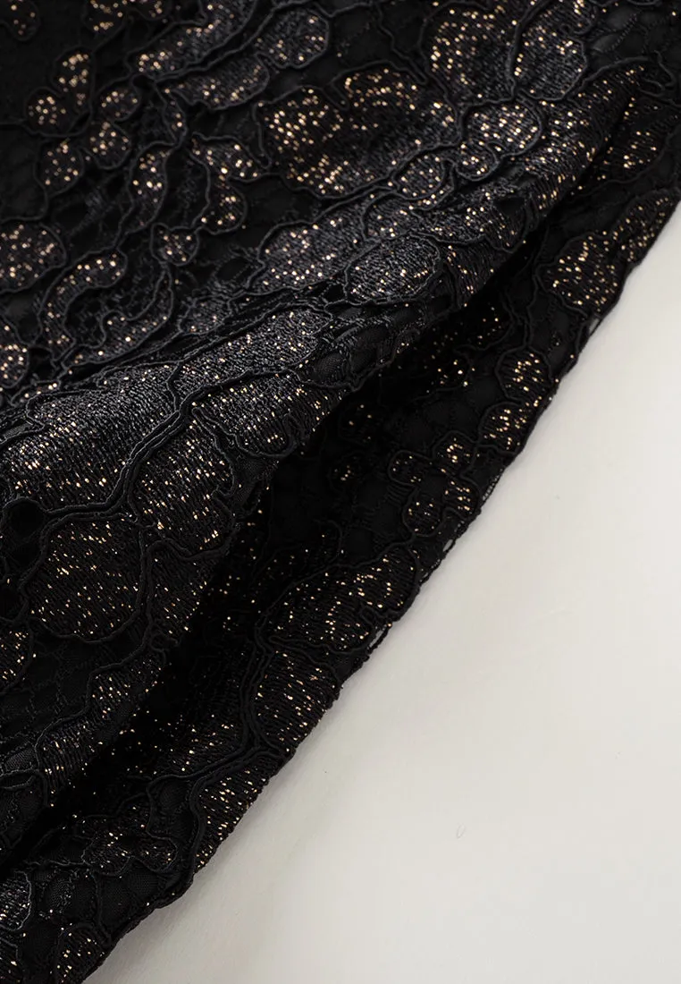 Ruffle-collar Golden lurex Slim-fit Lace Dress