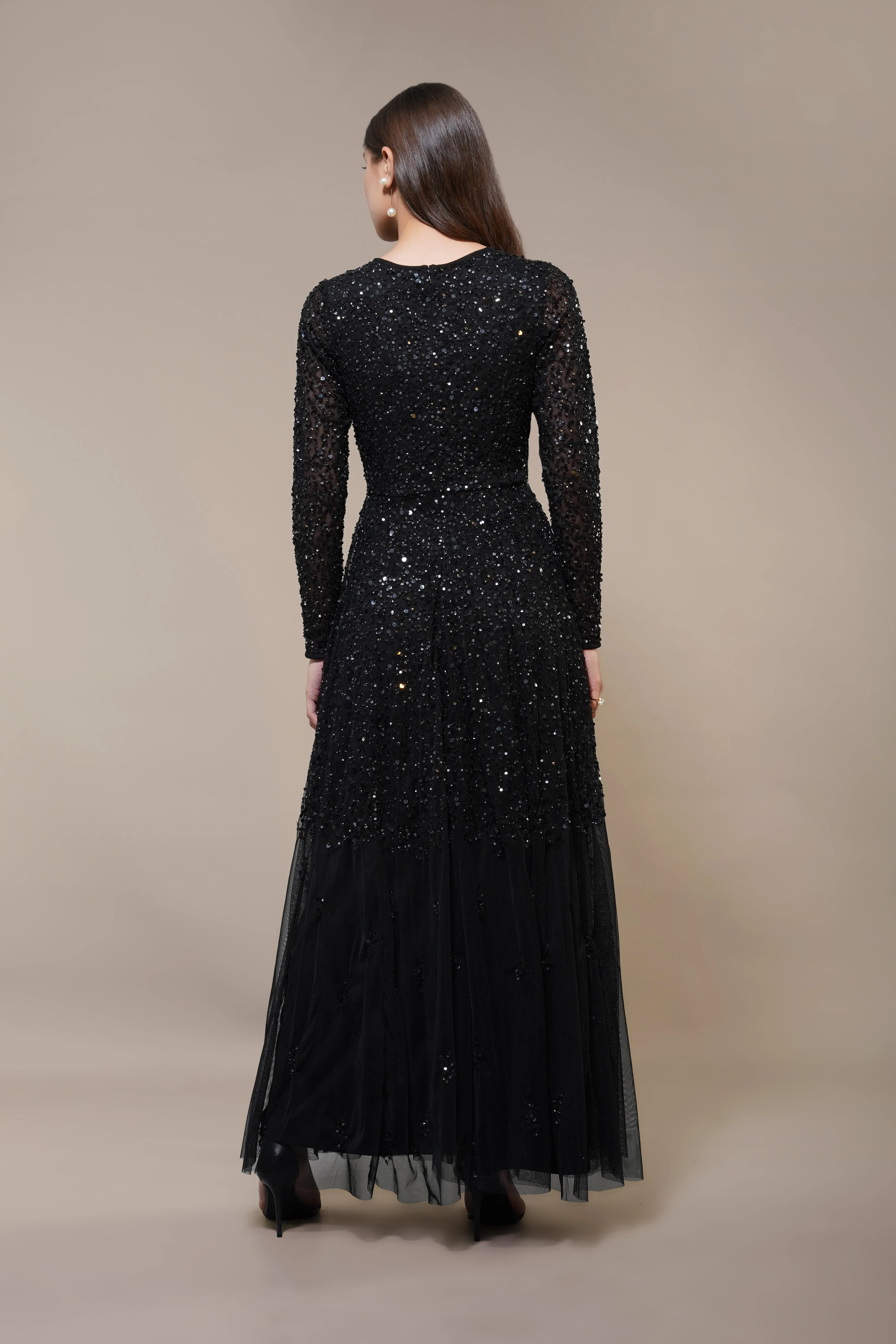 Sila Long Sleeve Embellished Maxi Dress in Black