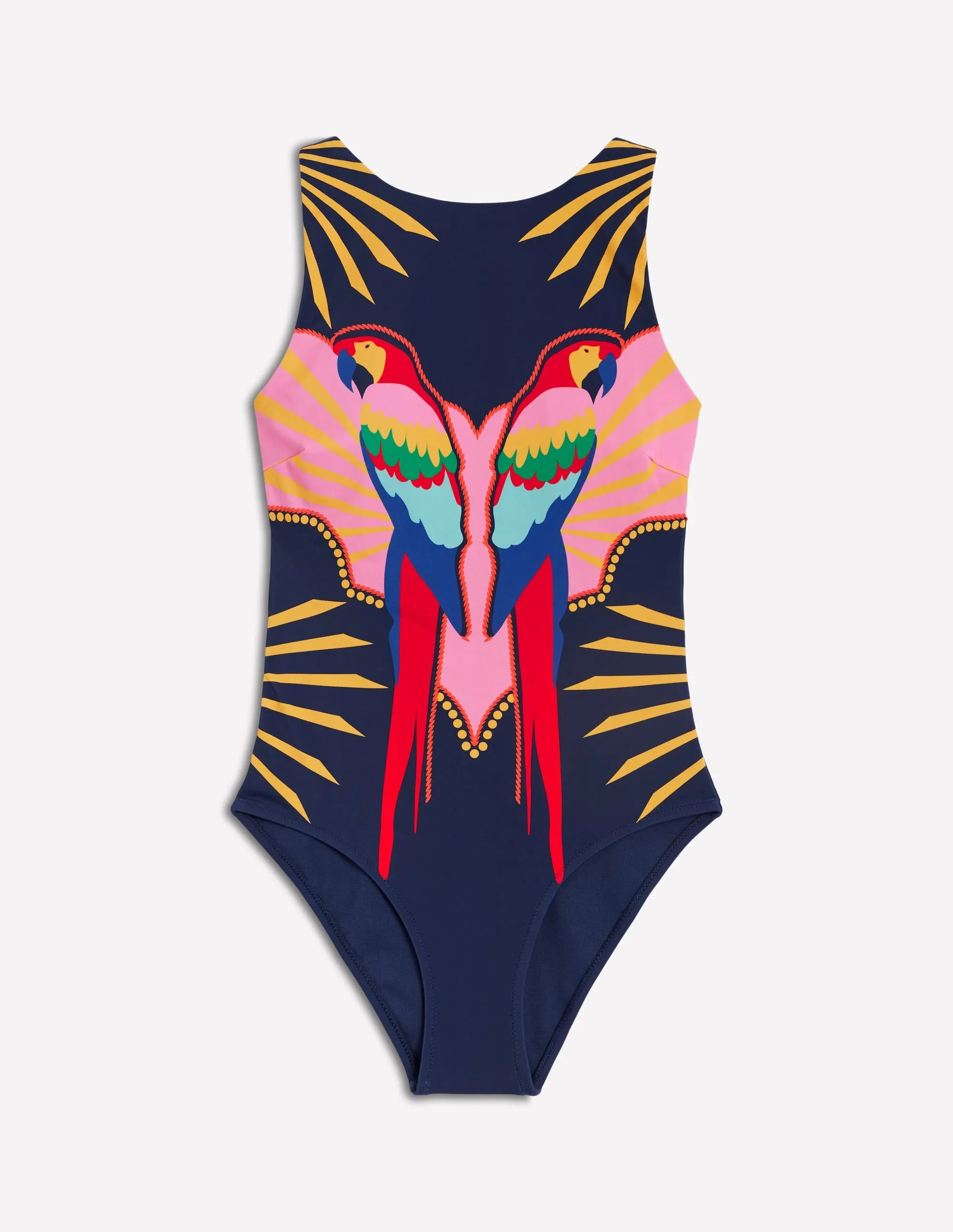 Slash Neck Tie Swimsuit-Navy Paradise Parrot