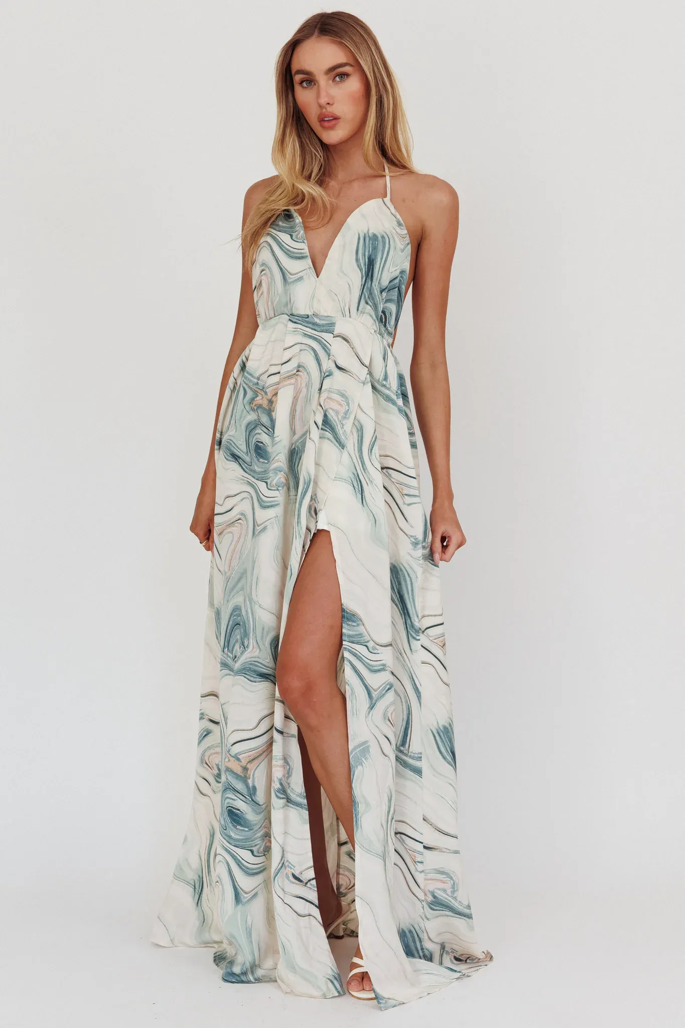 Snooze Marble Print Backless Maxi Dress Teal