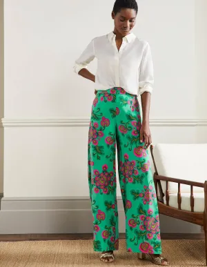 Zoe Wide Leg Palazzo Trousers-Ming Green. Wild Blooms