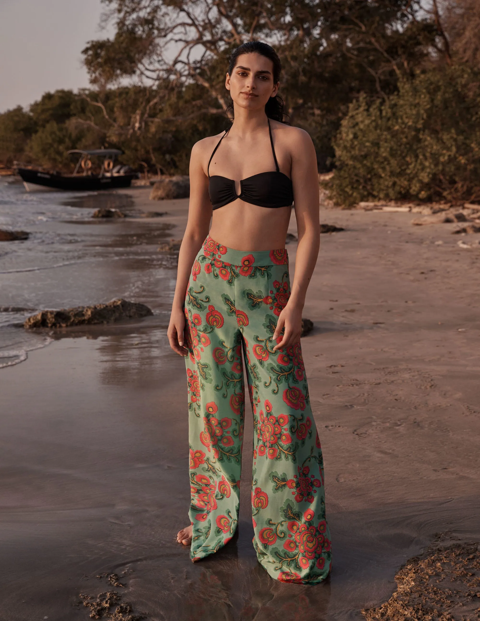 Zoe Wide Leg Palazzo Trousers-Ming Green. Wild Blooms