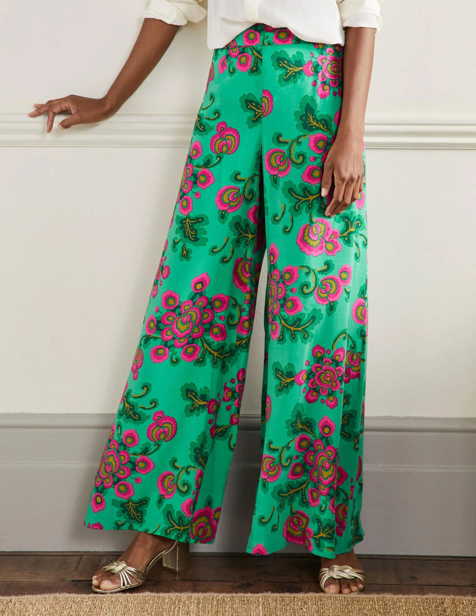 Zoe Wide Leg Palazzo Trousers-Ming Green. Wild Blooms