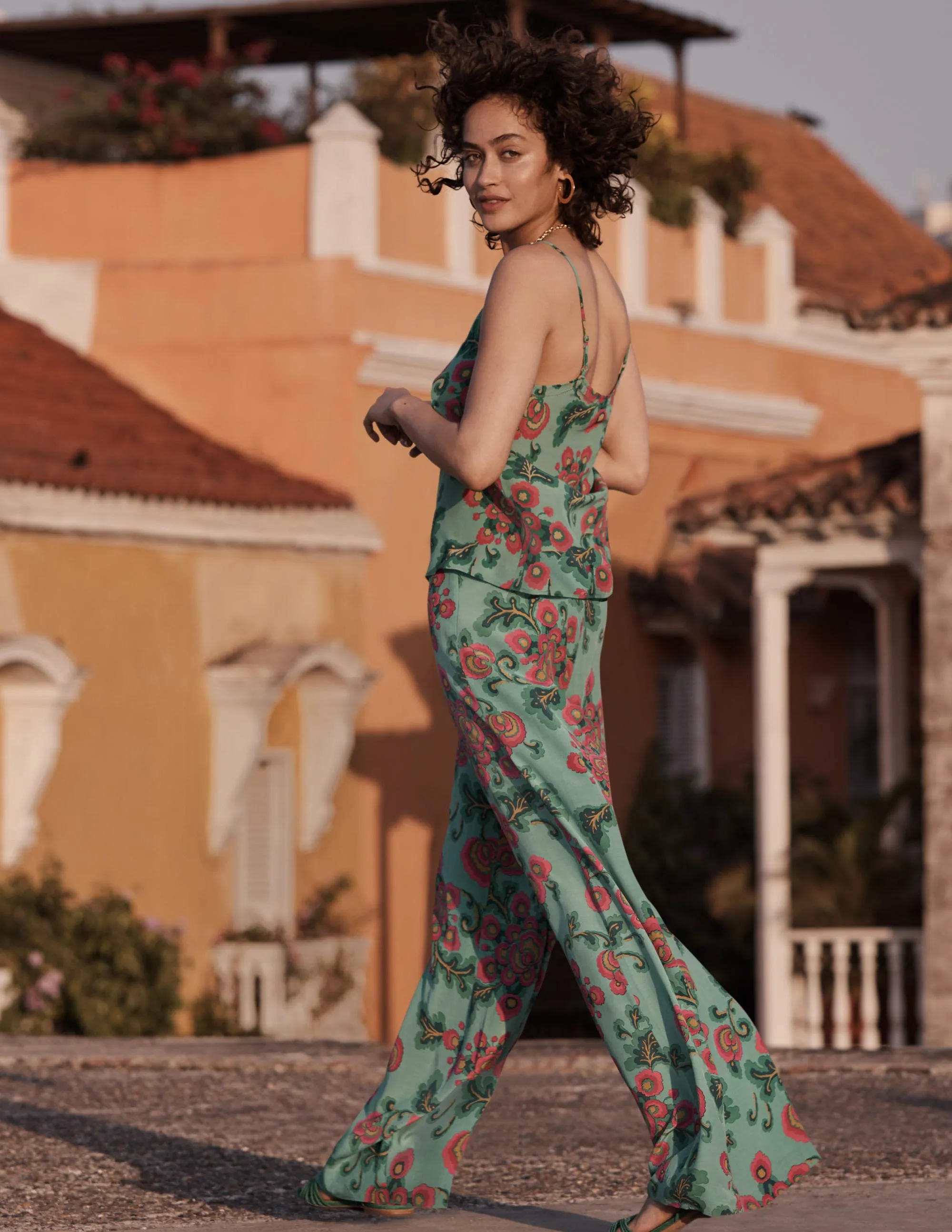 Zoe Wide Leg Palazzo Trousers-Ming Green. Wild Blooms