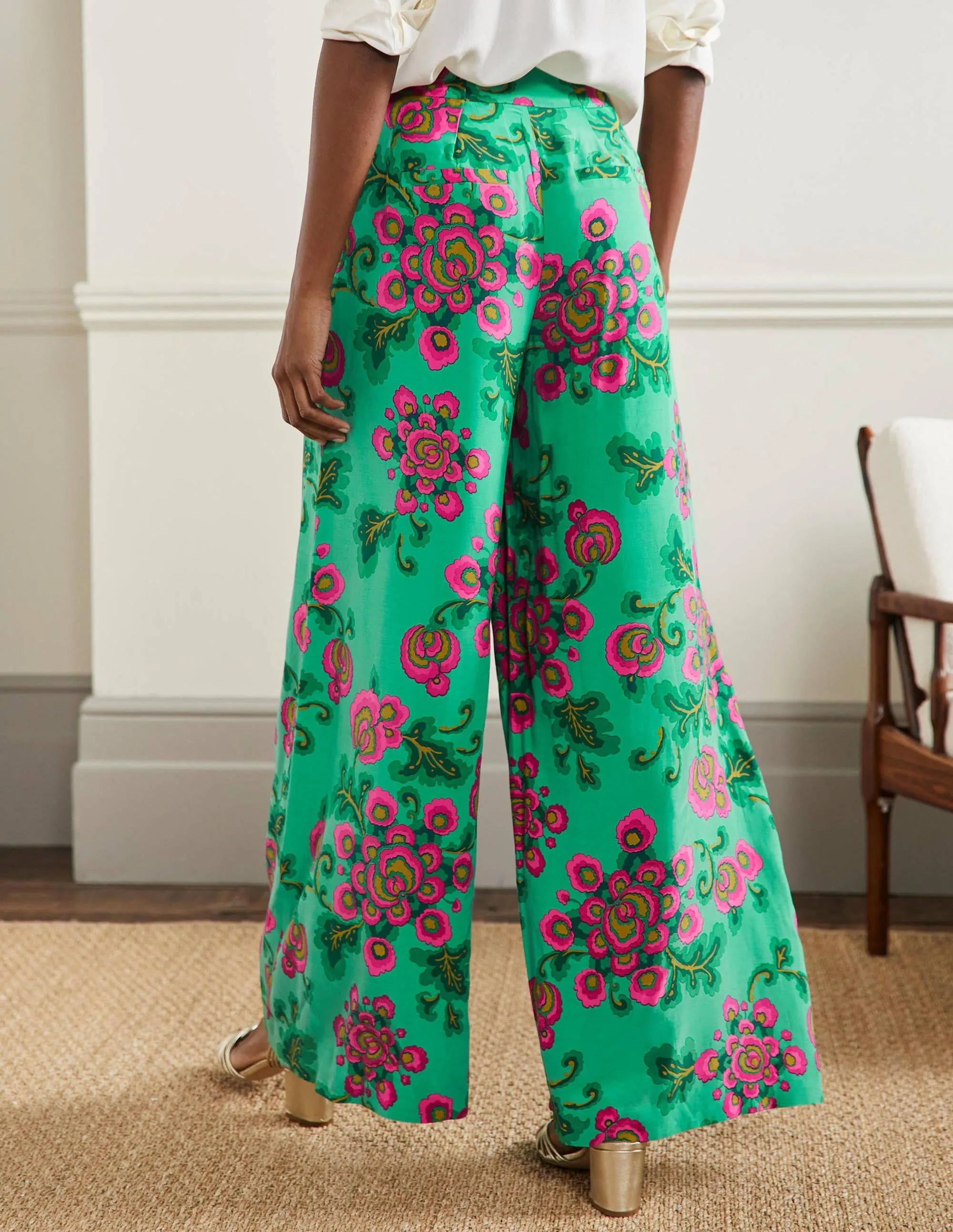 Zoe Wide Leg Palazzo Trousers-Ming Green. Wild Blooms